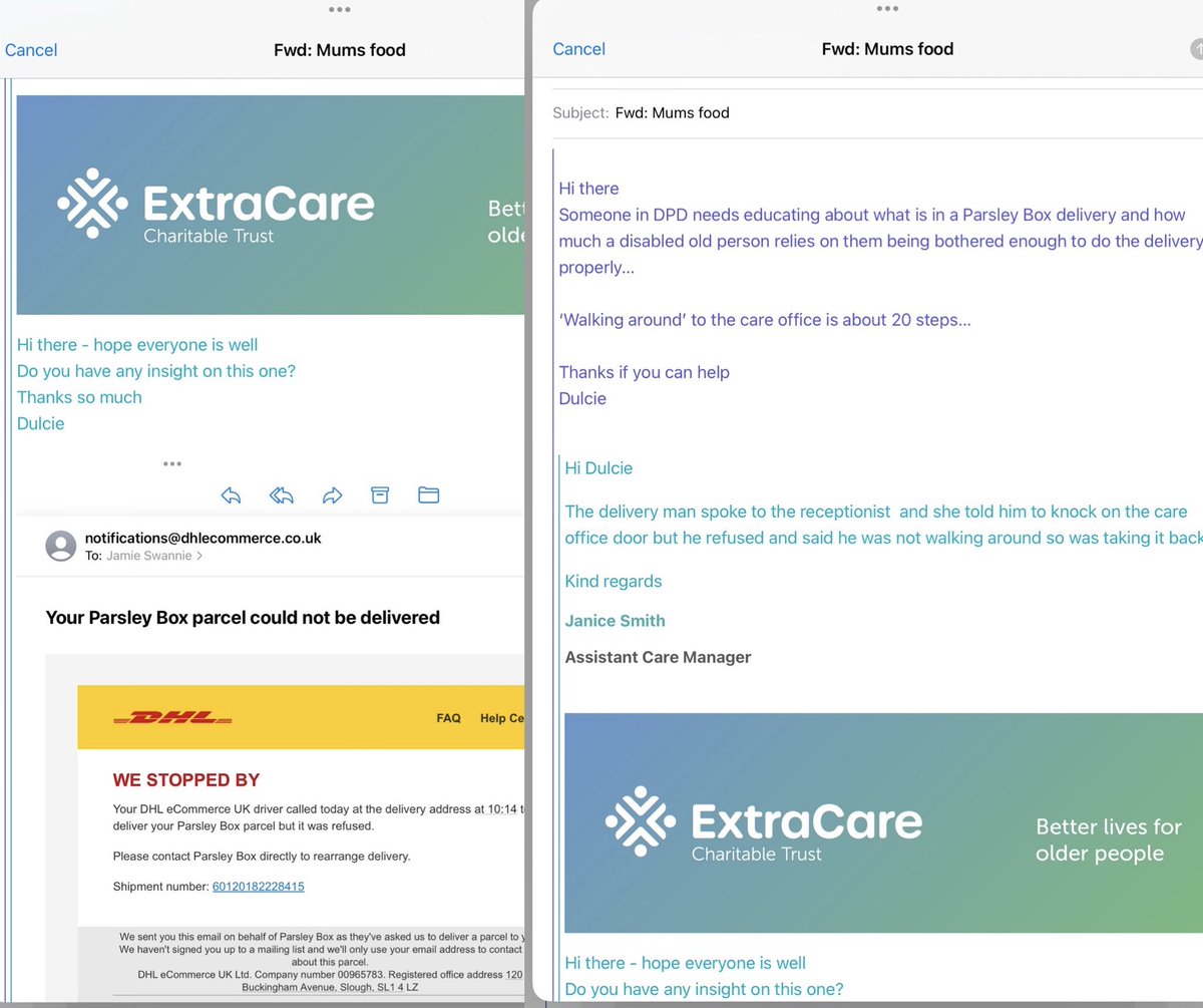 Loving going round the hoop on behalf of my disabled Mum to find why this particular <a href="/DHLGlobal/">DHL Group</a> <a href="/dhlexpressuk/">DHL Express UK</a> driver couldn’t walk 20 steps to find her door to deliver her fortnightly food delivery at her home. She wishes she could walk 1 of them let alone 20.