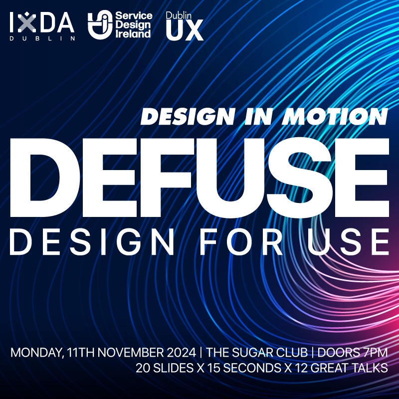 Happy Friday!

Our full lineup is now live on defuse.ixd.ie

Come and listen to 12 fantastic talks exploring different aspects of design and celebrate #IrishDesignWeek2024

Defuse - Design for Use | Monday, 11th Nov in <a href="/sugarclubdublin/">The Sugar Club</a> | FREE | 7PM
