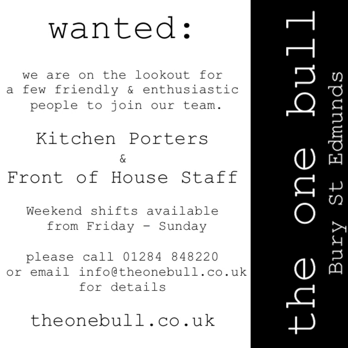 theonebullbury's tweet image. || Join Us ||
For any enquiries, please give the team a call on 01284 848220 or email info@theonebull.co.uk