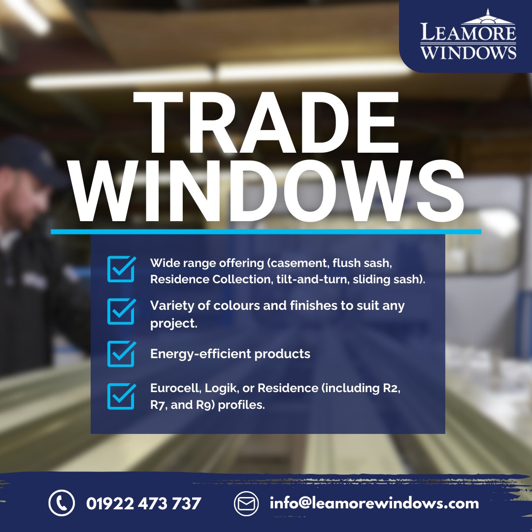 Leamore Windows is the premier trade supplier for uPVC windows in the West Midlands! 

We are the only company able to manufacture windows with the Logik flush mechanical weld! We also manufacture the highly desirable Residence 7 and Residence 9 uPVC windows.

#MarketLeader