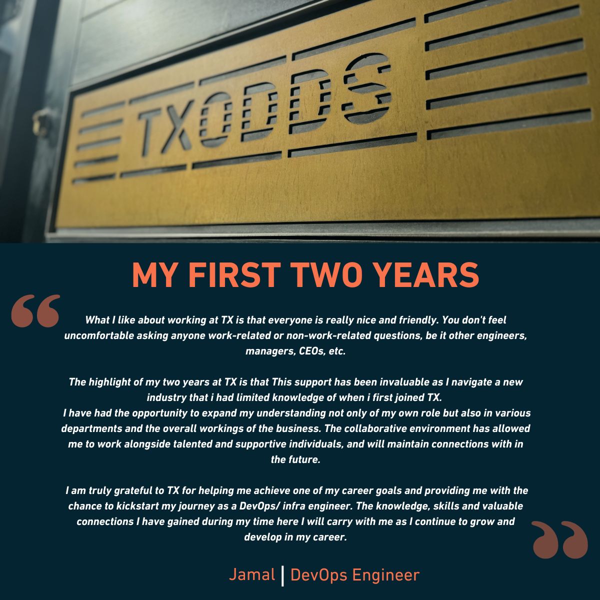 TXODDSOfficial's tweet image. &quot;I am truly grateful to TX for helping me achieve one of my career goals.&quot;
In a recent interview with a member of the TXODDS team, We reflected on their first two years with the company.

#CareerJourney #DevOpsEngineer