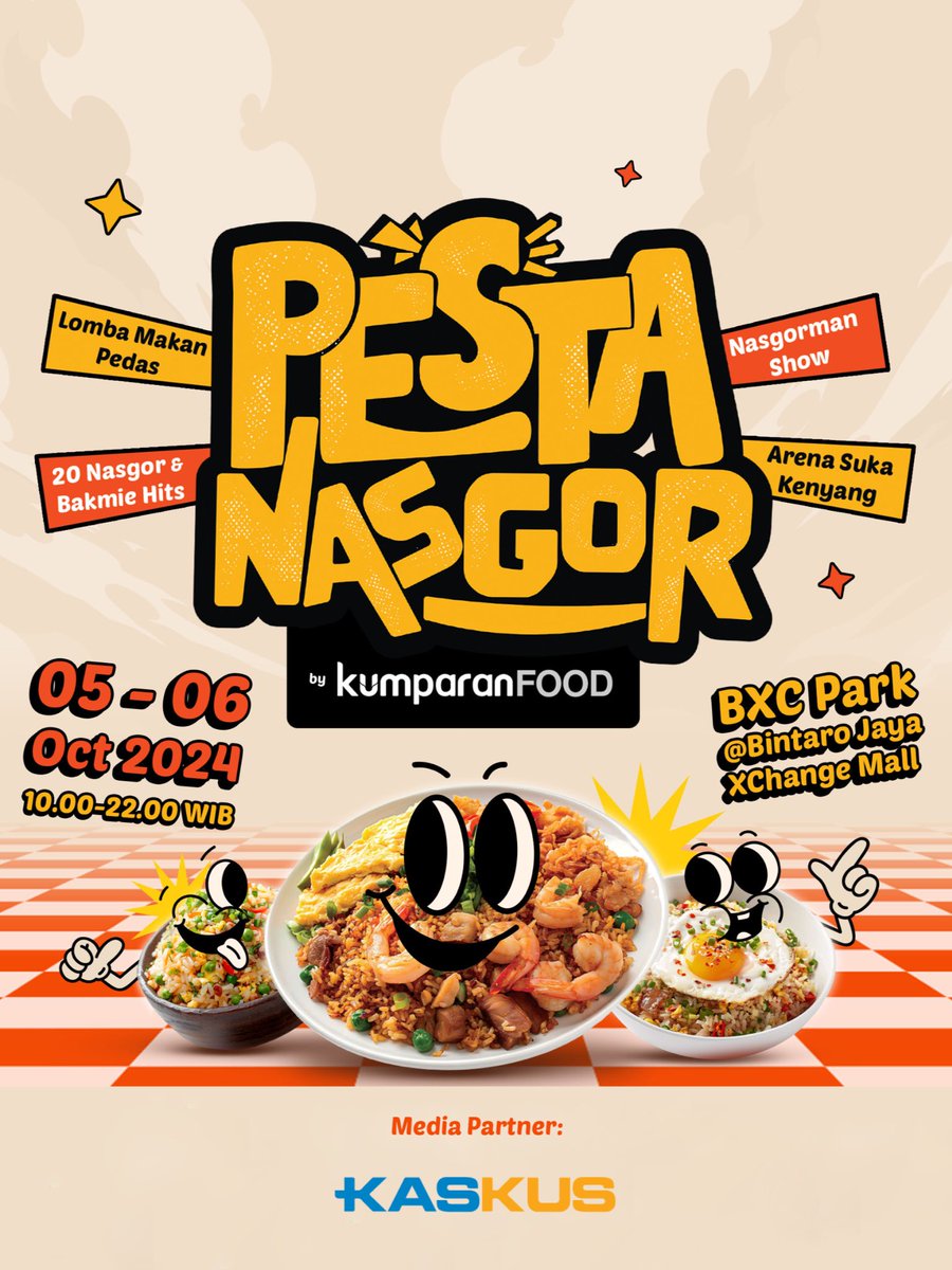 Pesta Nasgor hadir di BXC Park @ Bintaro Jaya XChange Mall, 5-6 Oktober 2024, mulai pukul 10:00 - 22:00 WIB!

Masuknya GRATIS! Siapin perut buat coba nasgor dan bakmi dari 20 tenant pilihan sampai nonton aksi chef ternama.

Sampai ketemu di sana ya 🙌🏻
