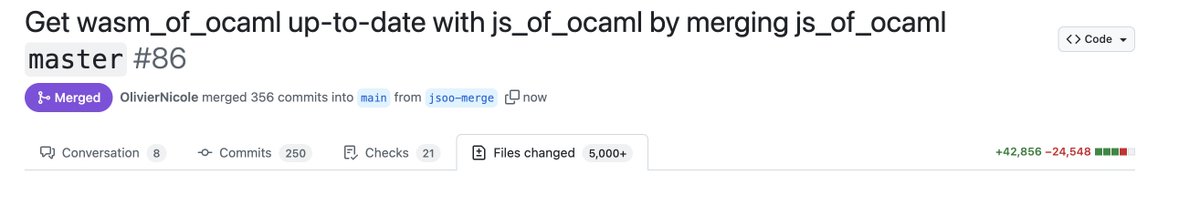 Moving mountains to get to a merge of wasm_of_ocaml and js_of_ocaml by <a href="/OlivierNicole1/">Olivier Nicole</a> and Jérôme Vouillon 👏👏

github.com/ocaml-wasm/was…