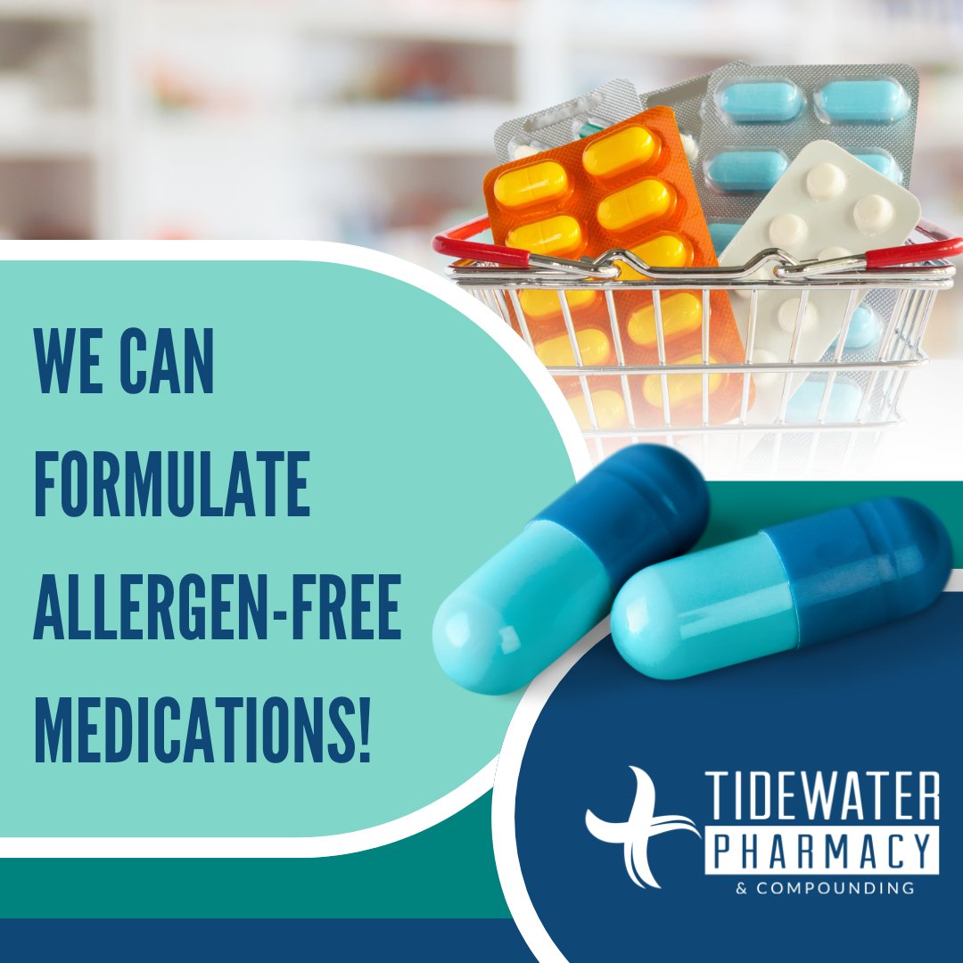 Say goodbye to allergy worries with our specially formulated allergen-free medications. Stop by today to learn more! 

#AllergenFree #CustomMedicine #Healthcare #CompoundedMedicine #AllergyRelief #PersonalizedCare #PharmacyLife #HealthWellness #SafeMedications #TidewaterPharmacy