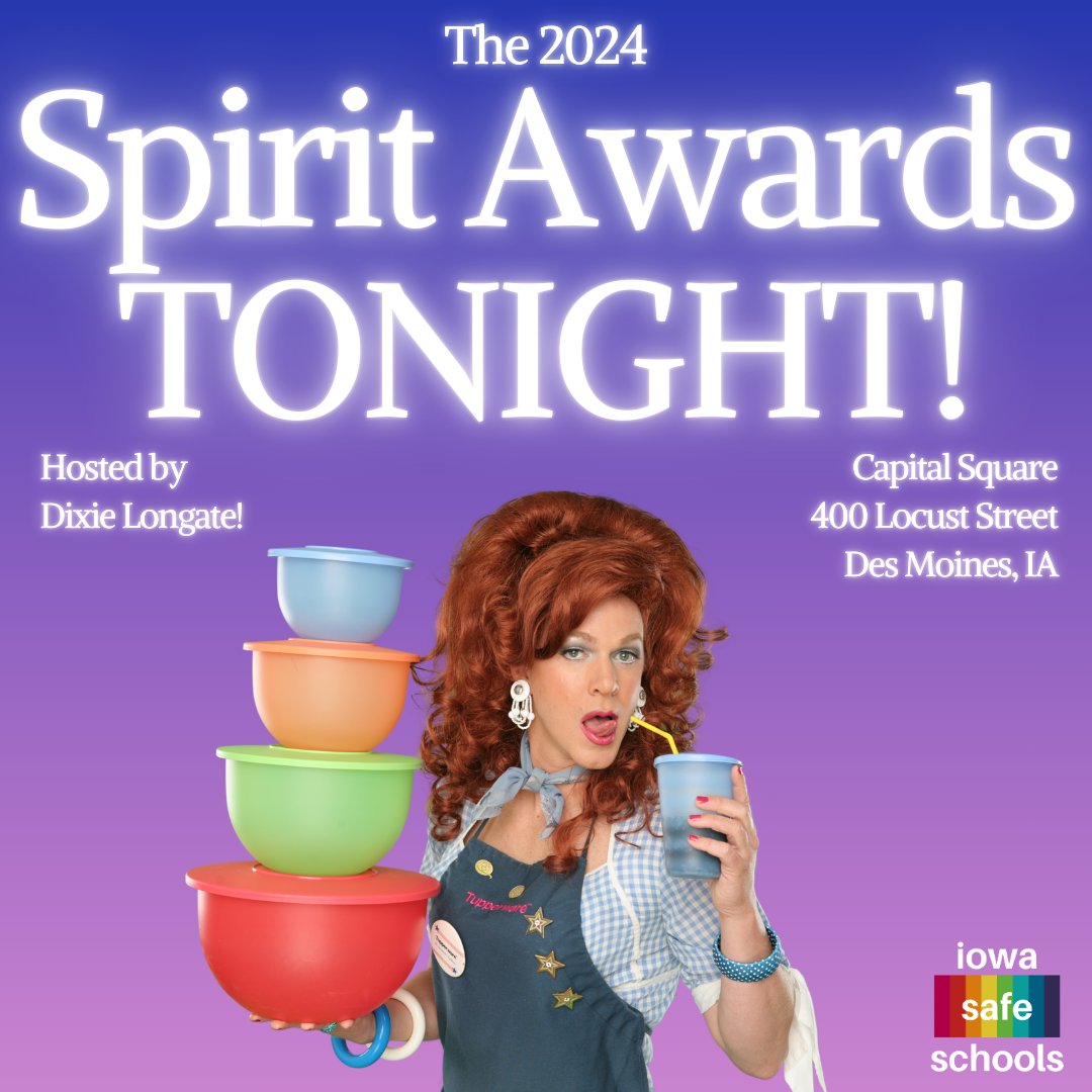 ✨ The Spirit Awards Gala is TONIGHT! ✨

Join us for an unforgettable evening with <a href="/dixielongate/">Dixie Longate</a> as our fabulous host. 🌈 Support Iowa Safe Schools and Iowa's LGBTQ students by registering NOW 👇

There's still time to register: bit.ly/spiritawards20…