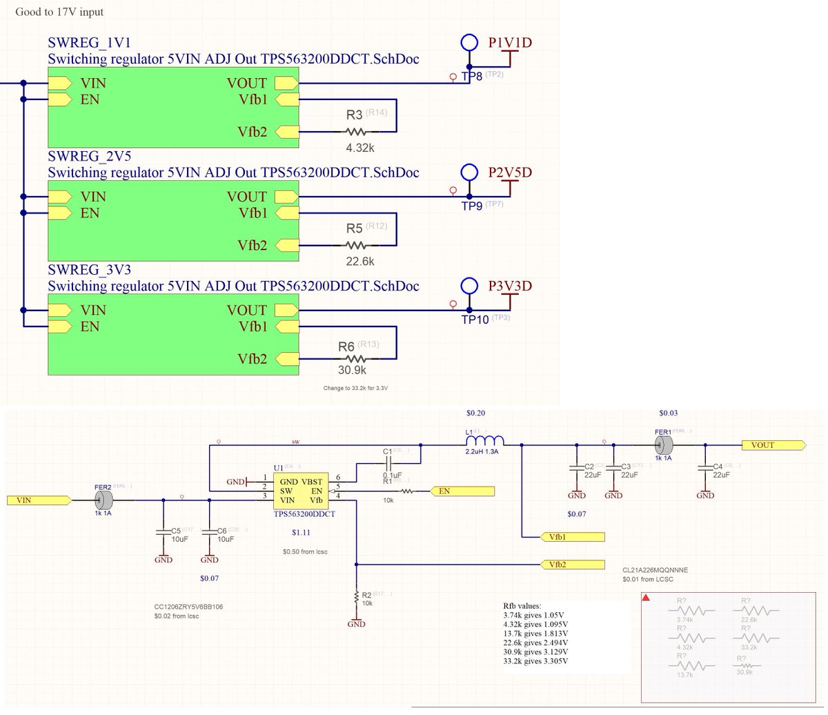 thinkedgesci's tweet image. This circuit has been a workhorse for getting multiple efficient rails.  12V input, 2A switch, runs cool.  I incorporate the block and adjustment resistor on my high level schematic and use it multiple times per board.  About $2.