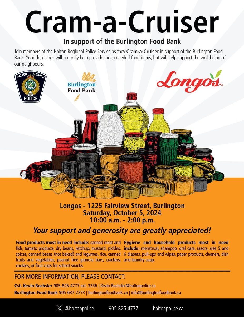 BurlFoodBank's tweet photo. HRPS's Cram-a-Cruiser event at Longo's is tomorrow, October 5th!

Join us from 10:00 - 2:00 at the store location at Fairview/Maple and support the Burlington Food Bank by purchasing pre-packaged food bags for community distribution.

#CramACruiser #BFB2024 https://t.co/A70myjYBoG