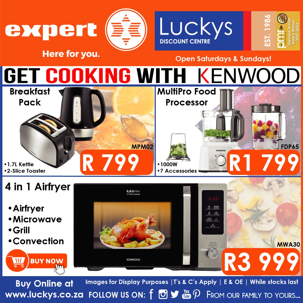 Elevate your kitchen game with our Featured Specials! Get cooking with Kenwood's top-quality kettle and toaster set, food processor, and airfryer.
Shop online now for great deals.
bit.ly/luckys-featured
T&amp;C's Apply | E&amp;OE | Online &amp; In Store | Limited Stock