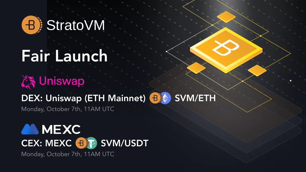 StratoVM_'s tweet image. Announcing StratoVM Fair Launch and Tokenomics

Attention everyone, the wait is finally over!

We are excited to announce the launch of the $SVM token on Monday, October 7th.

We’ve intentionally decided against a pre-sale, opting to give everyone an equal and fair opportunity to…