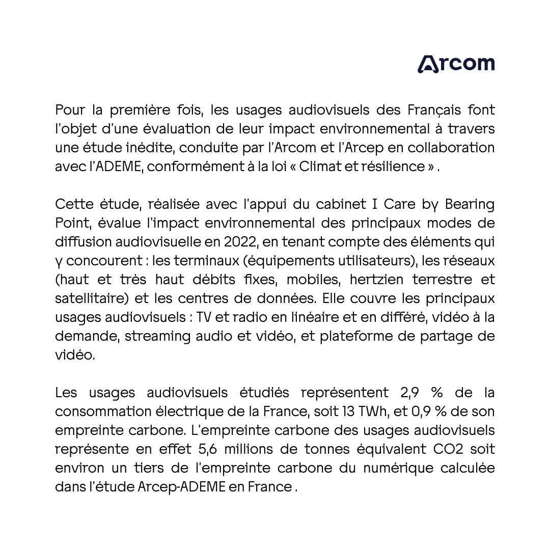 Arcom_fr's tweet photo. 🔈 #ImpactEnvironnemental | L’Arcom et l’@Arcep, en lien avec l’@ADEME, publient une étude inédite sur l’impact environnemental des usages audiovisuels en France en 2022 et à l’horizon 2030 🔽

Le communiqué de presse : https://t.co/AibJNCZqnV