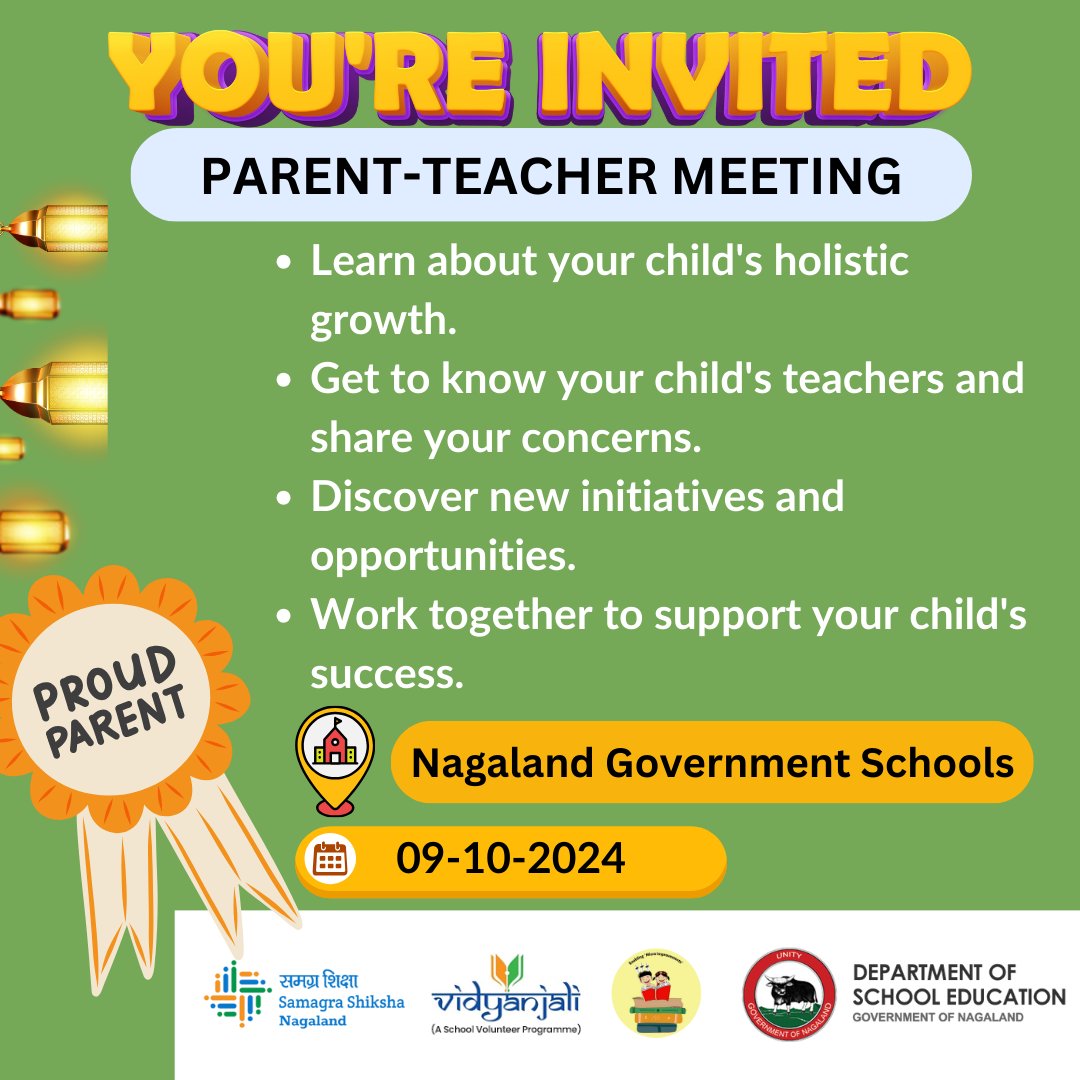 Nagaland to conduct Mega PTM for Govt Schools on 9-10-2024 as part of Nagaland Literacy &amp; Numeracy Fest 2024 cycle 3  in collaboration with ShikshaLokam, Bangalore. a Vidhyanjali initiative of the State.#Vidhyanjalinagaland #SamagraShikshaNagaland