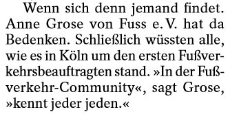 Celine Schäfer (@celineshfr) on Twitter photo Die Stadt Köln sucht einen neuen Fußverkehrsbauftragten. Man muss für den Job kein leidenschaftlicher Spaziergänger sein, aber offenbar ziemlich starke Nerven haben.
Habe für <a href="/derspiegel/">DER SPIEGEL</a> unter anderem mit dem Verband FUSS e. V. gesprochen 🦶
lmy.de/vpdET Die Stadt Köln sucht einen neuen Fußverkehrsbauftragten. Man muss für den Job kein leidenschaftlicher Spaziergänger sein, aber offenbar ziemlich starke Nerven haben.
Habe für <a href="/derspiegel/">DER SPIEGEL</a> unter anderem mit dem Verband FUSS e. V. gesprochen 🦶
lmy.de/vpdET