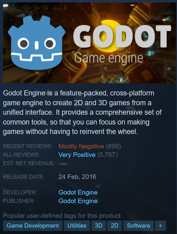 📰The Steam version of #GodotEngine is being bombed with negative reviews, complaining that it's ran by "woke activists", after a social media post in support of LGBT #gamedev​s a week ago.