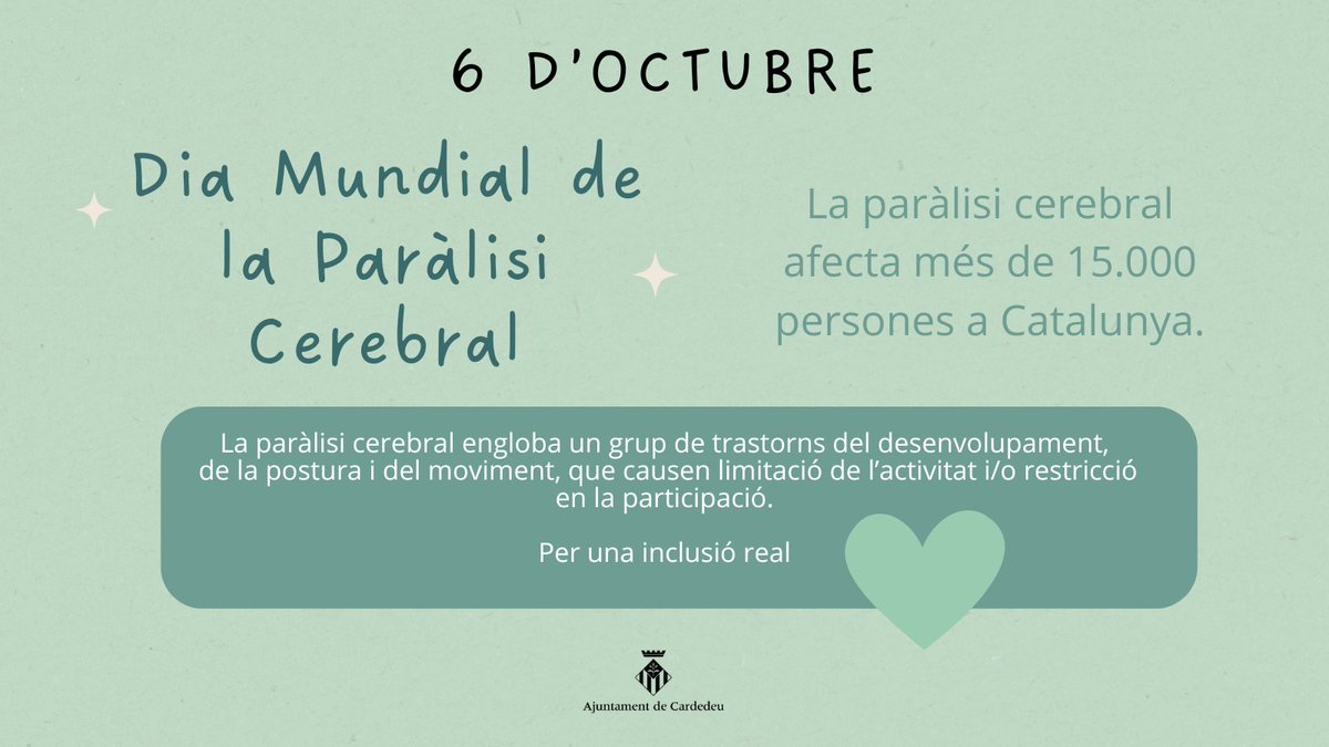 🧠Avui és el Dia Mundial de la Paràlisi Cerebral

A #Cardedeu la façana de l’Ajuntament i la del Museu s’il·luminaran de color verd per donar visibilitat i mostrar el suport a les persones amb aquesta condició  i a les seves famílies.

Per una inclusió real 💚