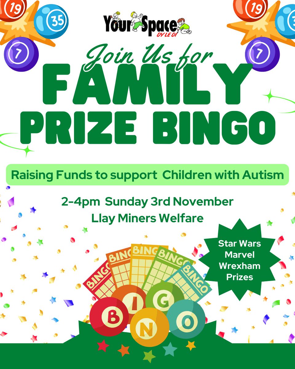 YourSpaceDyLeDi's tweet photo. Fun, family friendly fundraiser! Join us for Prize Bingo Sunday 3rd November at Llay Miners Welfare. Great prizes to win! https://t.co/YXMzZ0atWI