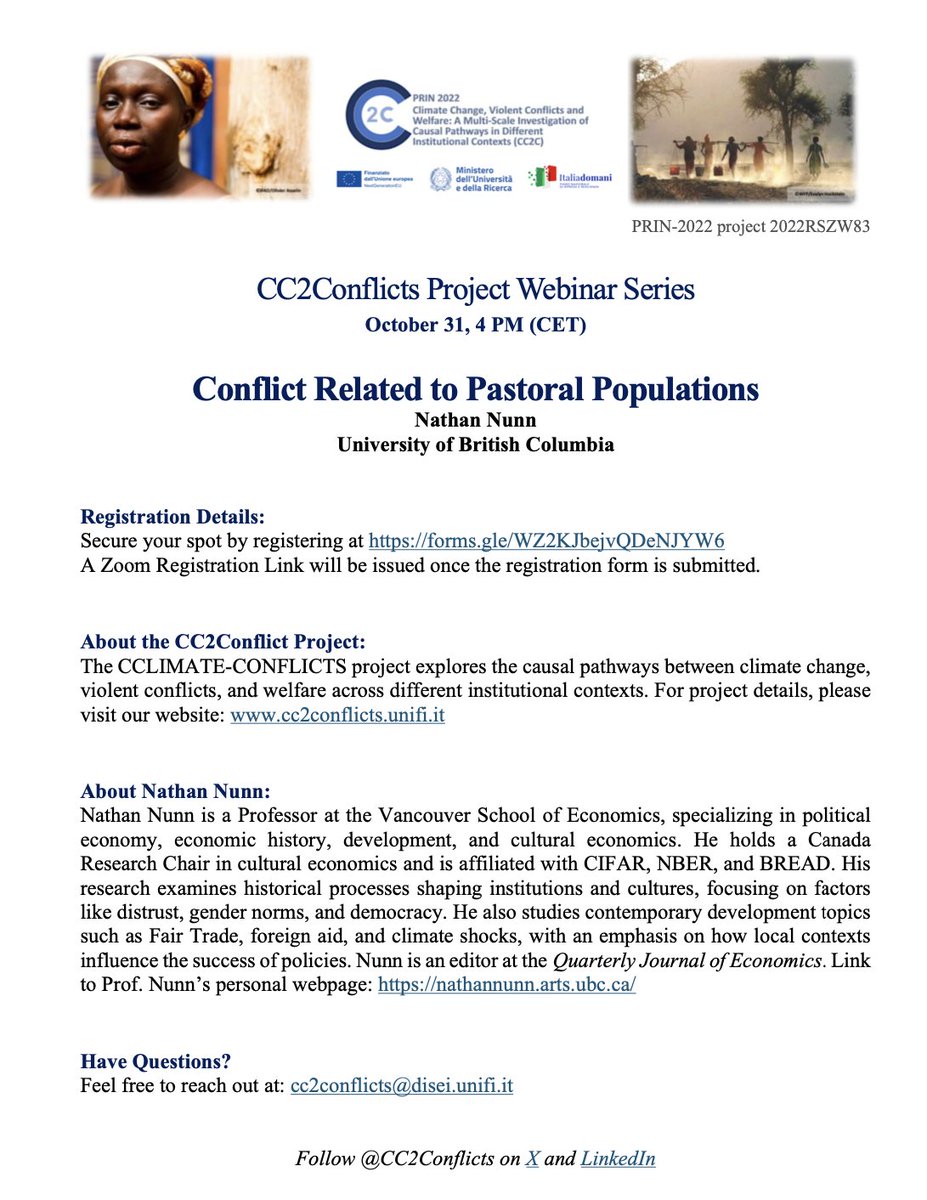 October 31: Don't miss the CC2Conflicts Webinar on conflict related to pastoral populations with <a href="/DrNathanNunn/">Nathan Nunn</a>  from the University of British Columbia. Register now at forms.gle/WZ2KJbejvQDeNJ…