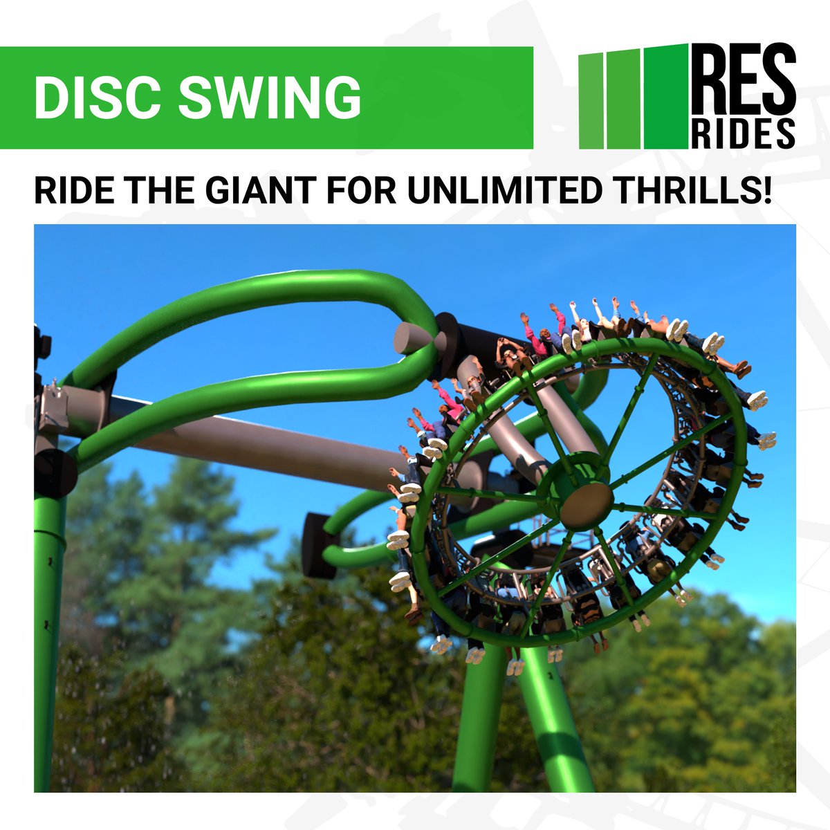 RES RIDES Disc Swing sends up to 42 riders flying a full 360°, ascending to colossal heights and whipping back down around, seeming defying gravity while spinning all around.

FEEL THE DIFFERENCE!

info@res.swiss
res.swiss