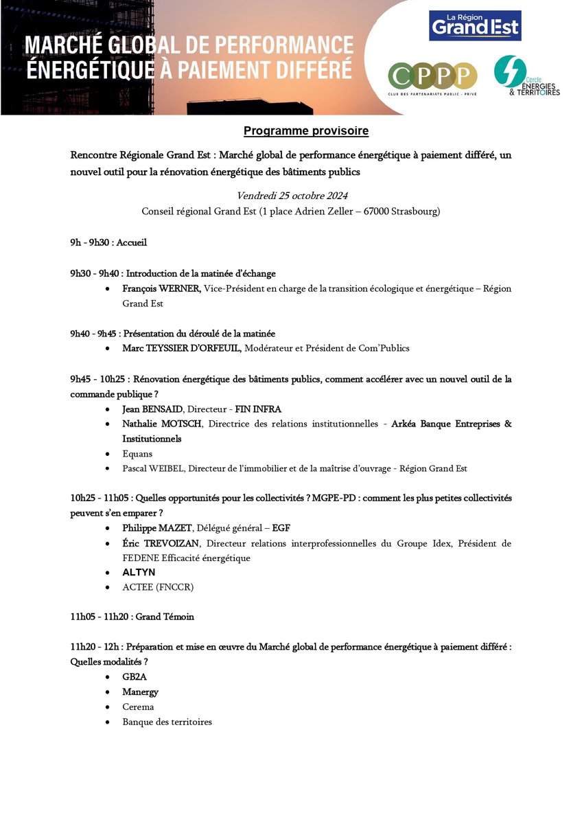 📢A vos agendas (25/10/2024) 🗓 : rendez-vous pour vous à Strasbourg pour tout comprendre sur le marché global de performance énergétique à paiement différé, le nouvel outil dédié à la rénovation énergétique des bâtiments publics
egfbtp.com/evenement/renc…