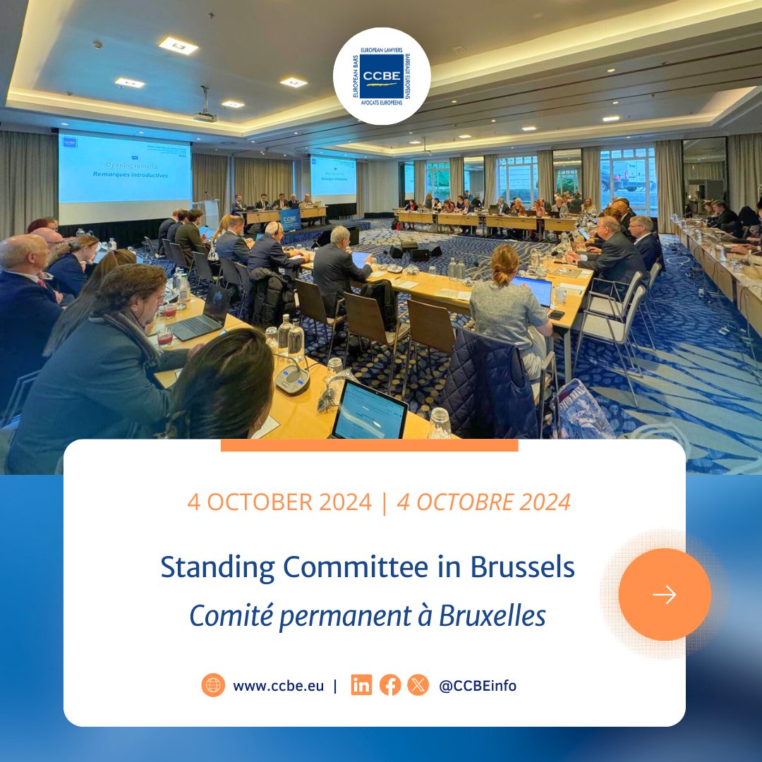 CCBEinfo's tweet photo. ✳️#CCBEStandingCommittee à Bruxelles. Parmi les sujets à l'ordre du jour : discussions sur le rapport de la @EU_Commission sur l'état de droit &amp; tableau de bord de la justice dans l'UE, MoU du @Coe &amp; CCBE, Convention européenne sur la protection de la profession d'avocat. https://t.co/OP0PXz5fK2
