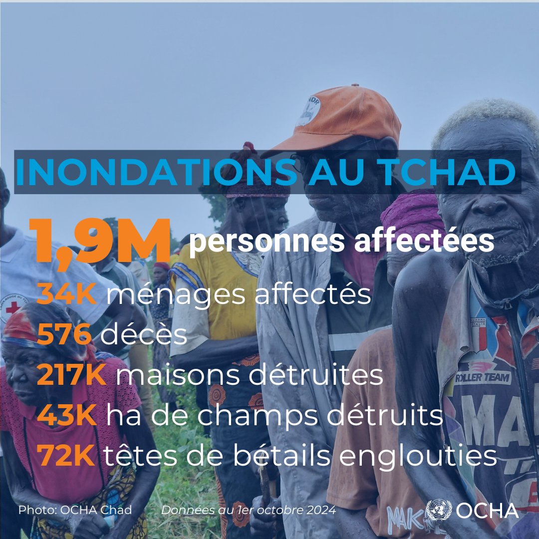 Au 01/10/24, les inondations ont affecté près de 2 M personnes dont 576 décès, dans les 23 provinces du #Tchad.

Alors que commence la rentrée scolaire, +de 800 K enfants sont privés d'éducation.

Notre dernier rapport ici 👉bit.ly/4eOzTWK