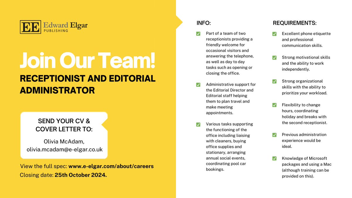 📣 We are currently looking for an Editorial Administrator/Receptionist to join our team at Edward Elgar Publishing!  

For more information, please visit: e-elgar.com/about/careers/ 

Closing date for applications: 25/10/2024  

#CareersInPublishing #PublishingCareers #Publishing