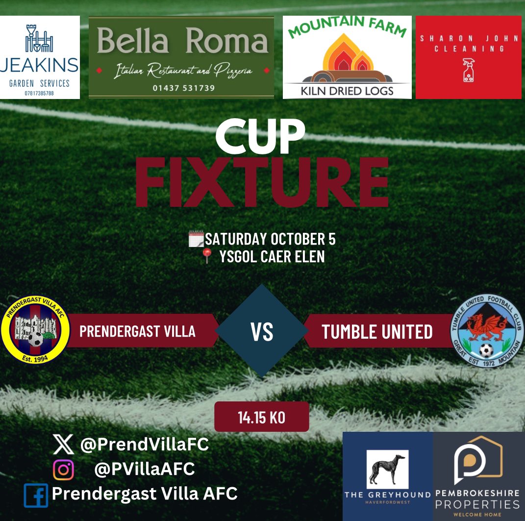 𝙏𝙝𝙚 𝙑𝙞𝙡𝙡𝙖 𝙚𝙣𝙩𝙚𝙧 𝙩𝙝𝙚 𝘾𝙪𝙥

We enter the West Wales cup on Saturday, as we host @tumbleunited at Caer Elen. Please come to show your support, as we kick off at 14.15.
