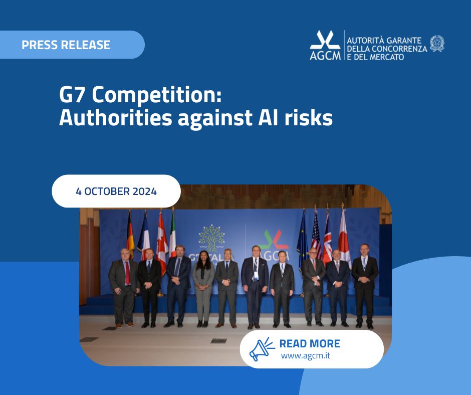 antitrust_it's tweet photo. #Antitrust: The G7 Competition Summit concluded in Rome at the headquarters of @antitrust_it. The final joint declaration includes commitments to better tackle the impact and competitive risks of AI in the economy and society.
#G7Comp2024 #AGCM
➡https://t.co/jPnSJTVwd9 https://t.co/THBUH6yU5q