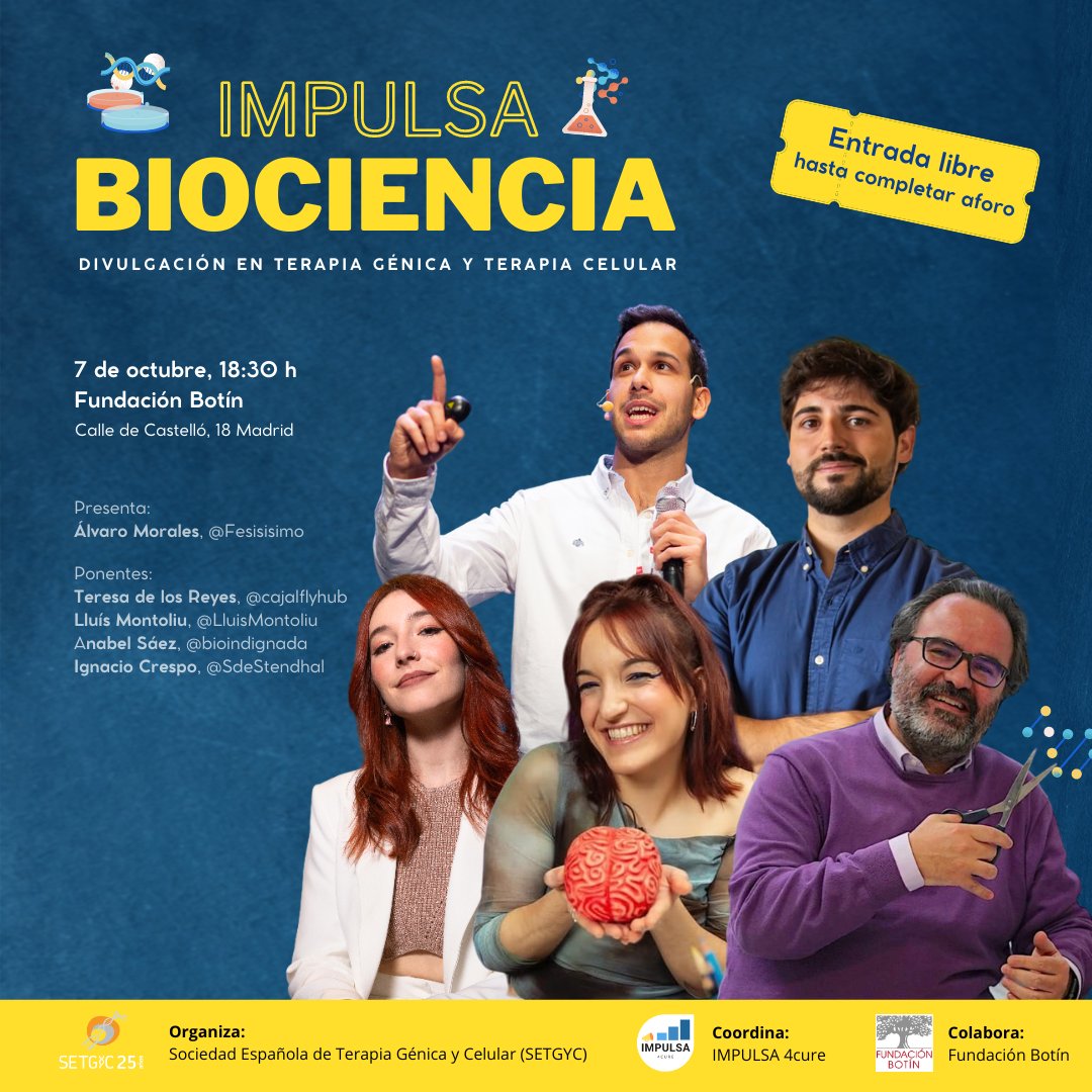 🌟 ¡No te pierdas el 7 de oct “IMPULSA Biociencia”! 
Un evento gratuito y abierto al público donde expertos compartirán los últimos avances en terapias avanzadas de manera divertida y rigurosa. ¡Ven a aprender sobre virus antitumorales, CRISPR y más! 🧬✨