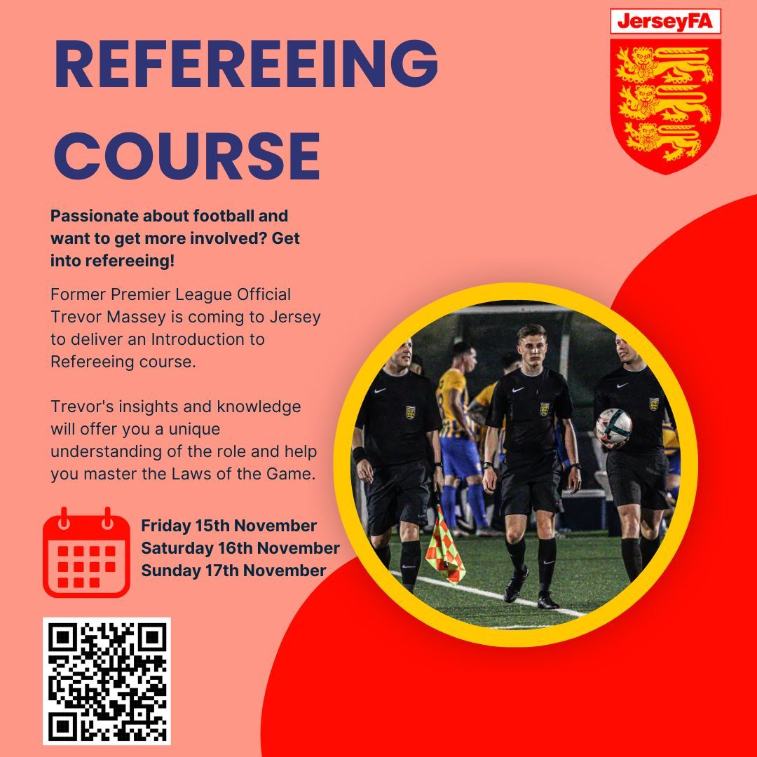 Looking to take your football involvement to the next level? 📈

Join us in November for our Introduction to Refereeing Course delivered by former #PremierLeague Official Trevor Massey ⚽

🗓️ Friday 15th Nov
🗓️ Saturday 16th Nov
🗓️ Sunday 17th Nov

ℹ️ jerseyfa.com/news/2024/oct/…