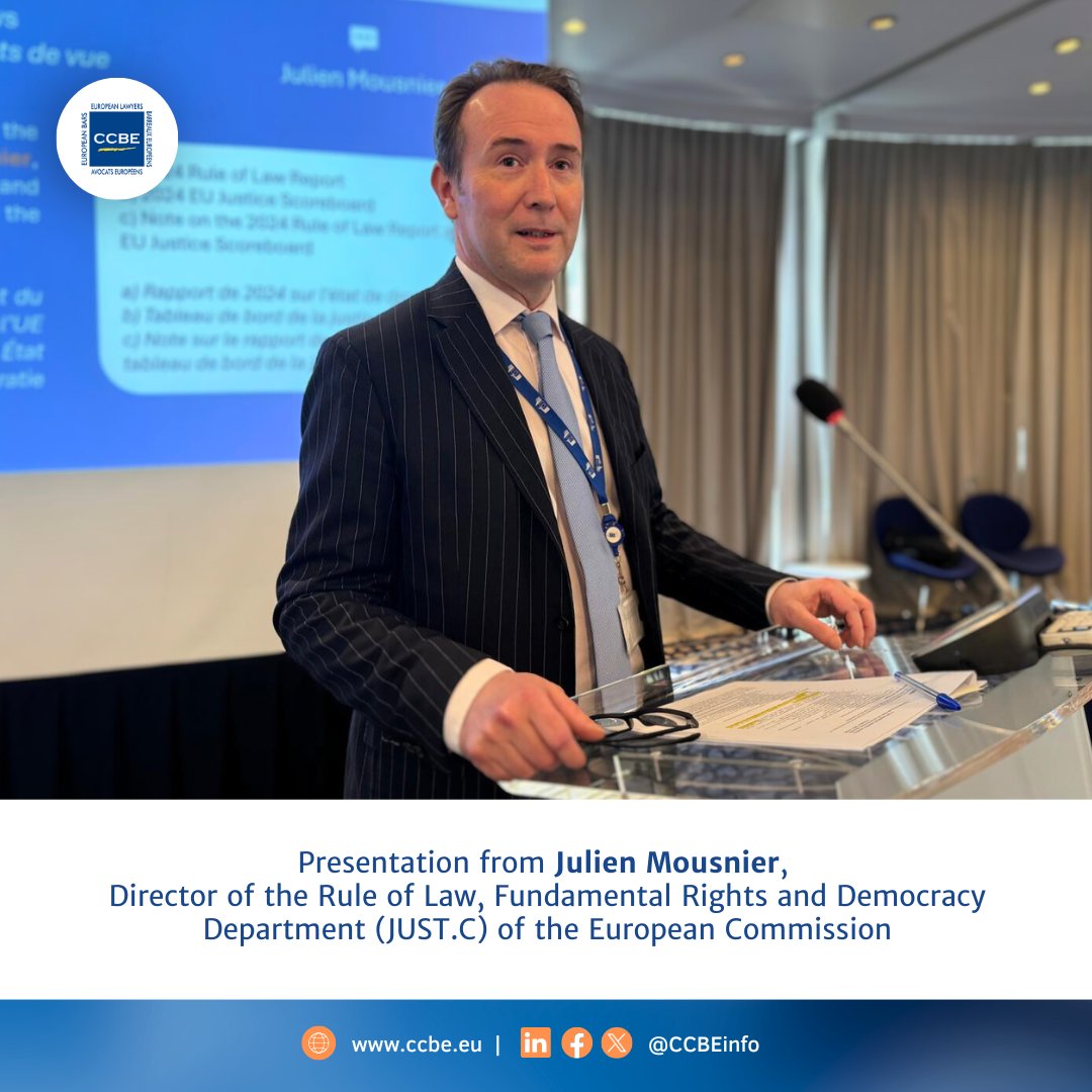 CCBEinfo's tweet photo. #CCBEStandingCommittee | Julien Mousnier, directeur du service État de droit, droits fondamentaux et démocratie (JUST.C) de la @EU_Commission, a présenté le rapport sur l'état de droit et le tableau de bord de la justice dans l'UE. https://t.co/zLsSTw3tCc