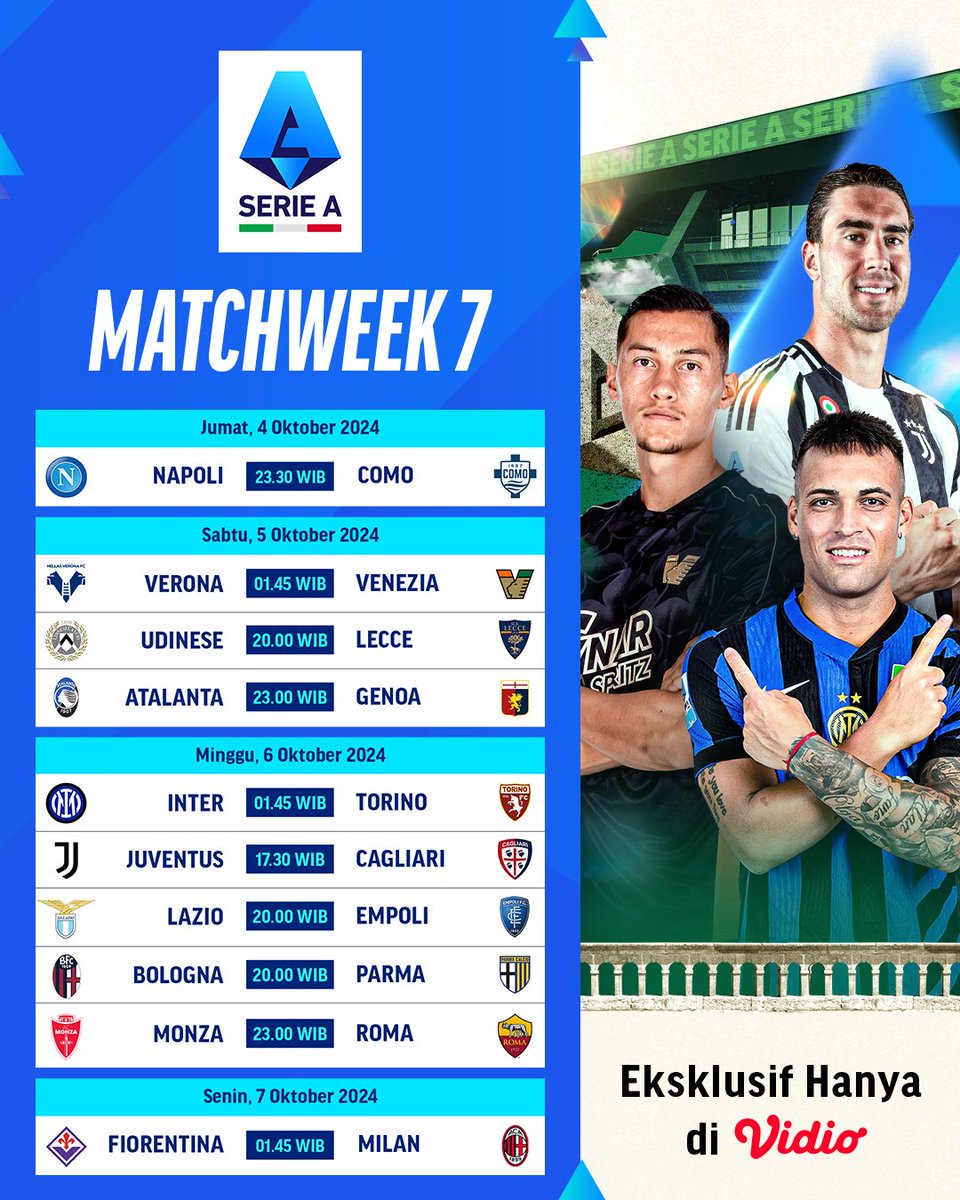 VidioSports's tweet photo. Akhirnya yang ditunggu tiba juga. Om-om Serie A full senyum nih 😁🇮🇹🎊

Tifosi bisa saksikan semua pertandingan Serie A, LIVE EKSKLUSIF HANYA DI VIDIO‼️
📺 https://t.co/RwKcTbMtZC https://t.co/T2alJTlEZz