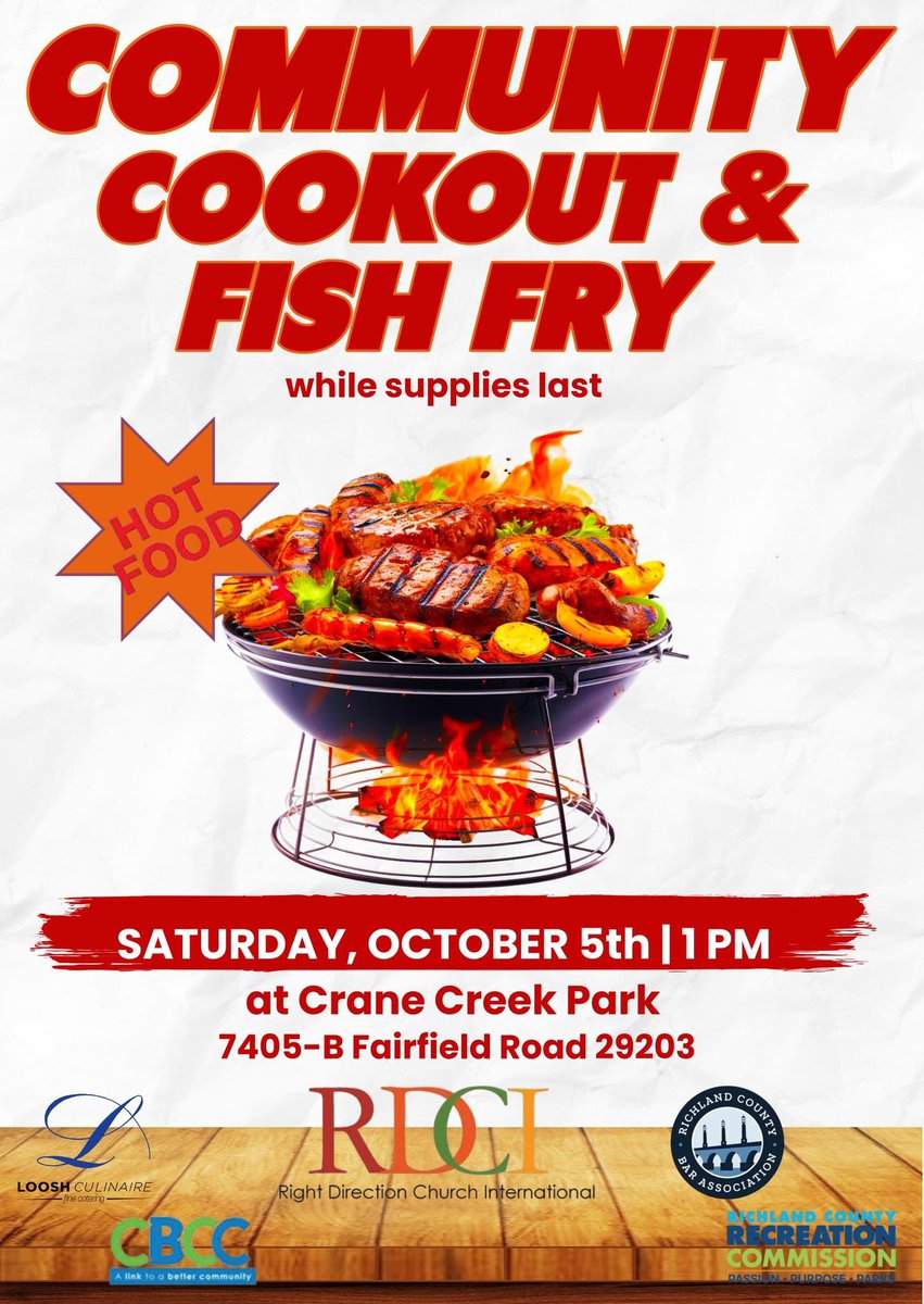 Spread the word! We're back out serving the community tomorrow at 1pm with a Community Cookout &amp; Fish Fry at Crane Creek Park on Fairfield Road in Columbia!

We are in need of volunteers, so if you would like to sign up for a time, click here: forms.gle/CCGwNgSqFSFPpX…