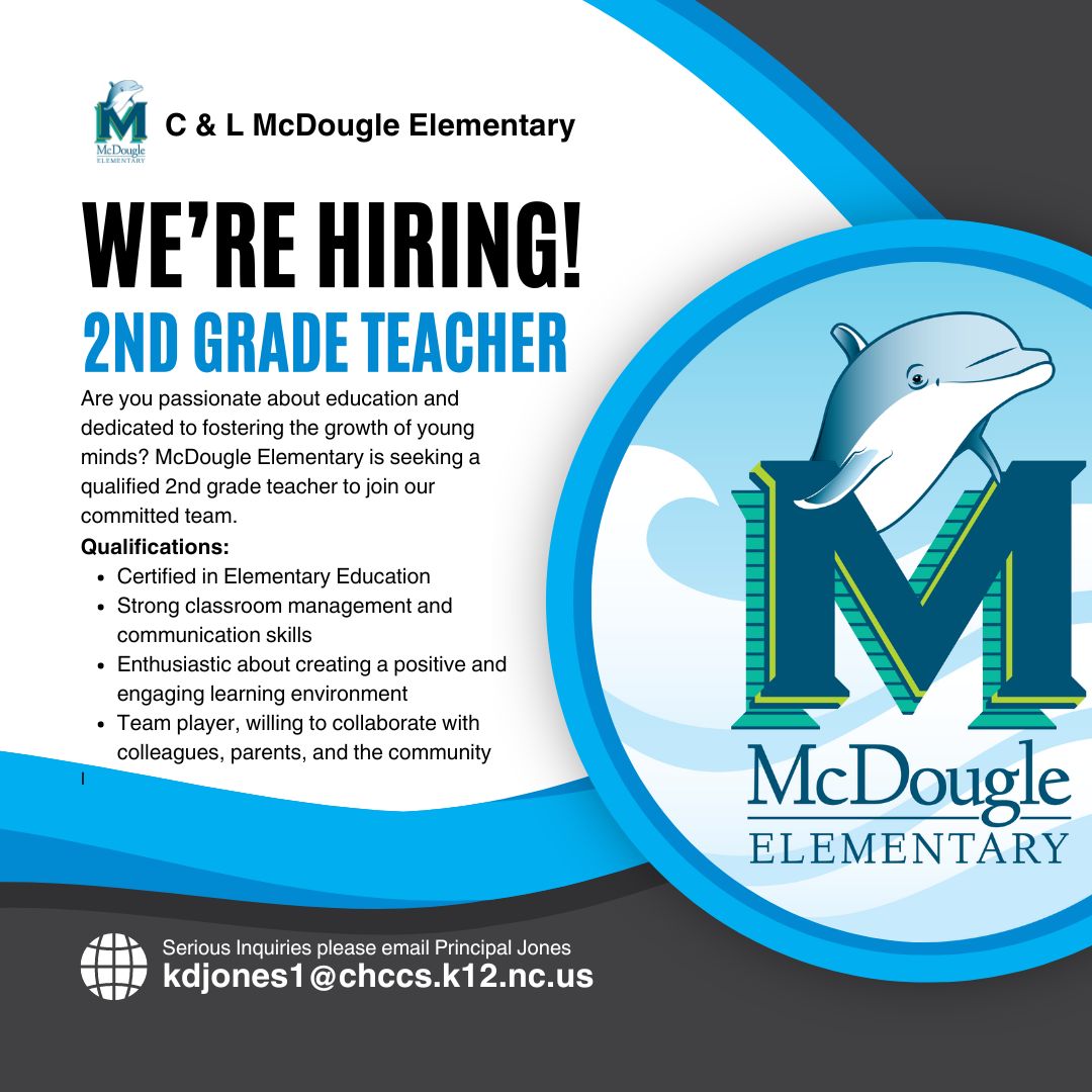 McDougle Elementary (@mcdouglees) on Twitter photo We are looking for a passionate educator to join our dynamic dolphin team. Email <a href="/PrincipalKJones/">Kirtisha Jones</a> directly with serious inquiries only. We are looking for a passionate educator to join our dynamic dolphin team. Email <a href="/PrincipalKJones/">Kirtisha Jones</a> directly with serious inquiries only.