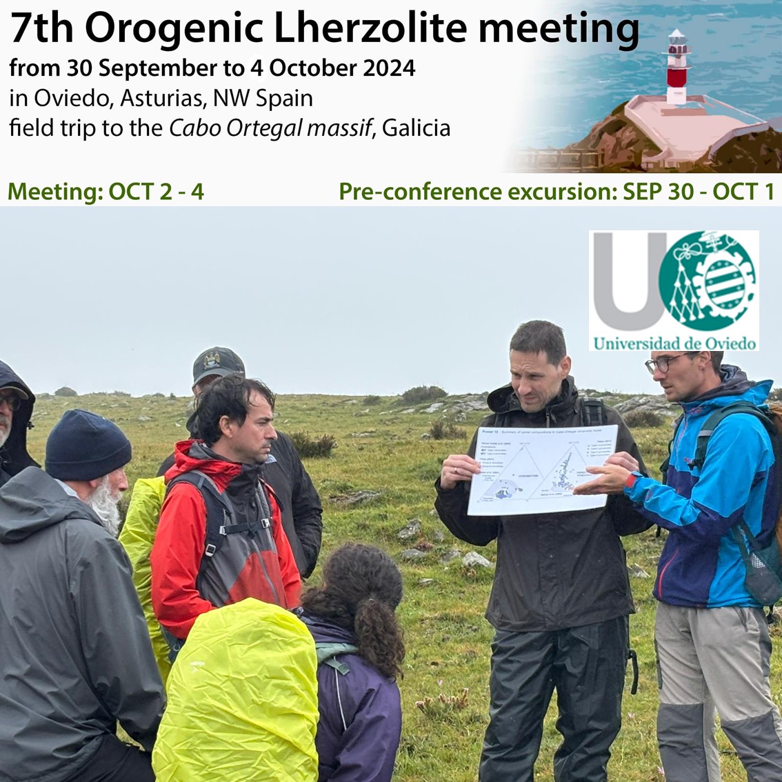 La Univ. de Oviedo acogió entre el 30-sep. y el 4-oct. el 7th Orogenic Lherzolite Meeting, organizado por Marco A. López y Sergio Llana. Del 30 de sep. al 1 de oct., tuvo lugar una excursión a la zona de Cabo Ortegal.

Enhorabuena a los organizadores y gracias a los asistentes