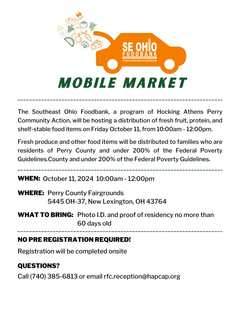The @foodbankse, a program of @HAPCAP, will be hosting a Mobile Market on Friday, October 11th, from 10am-12pm at the Perry County Fairgrounds in New Lexington. For questions, please call 740-385-6813.