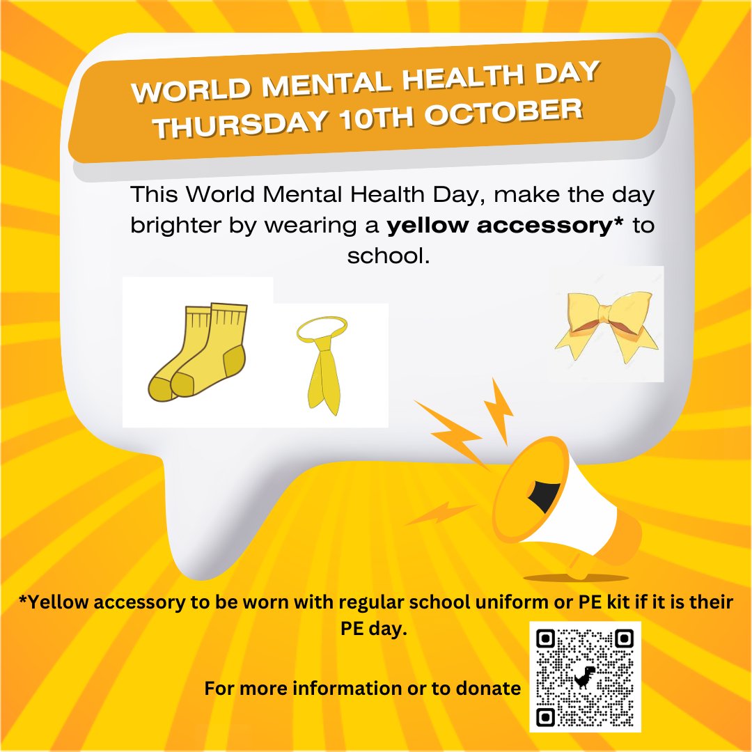 It's World Mental Health Day on Thursday 10th October #wearsomethingyellow #mentalhealthawareness