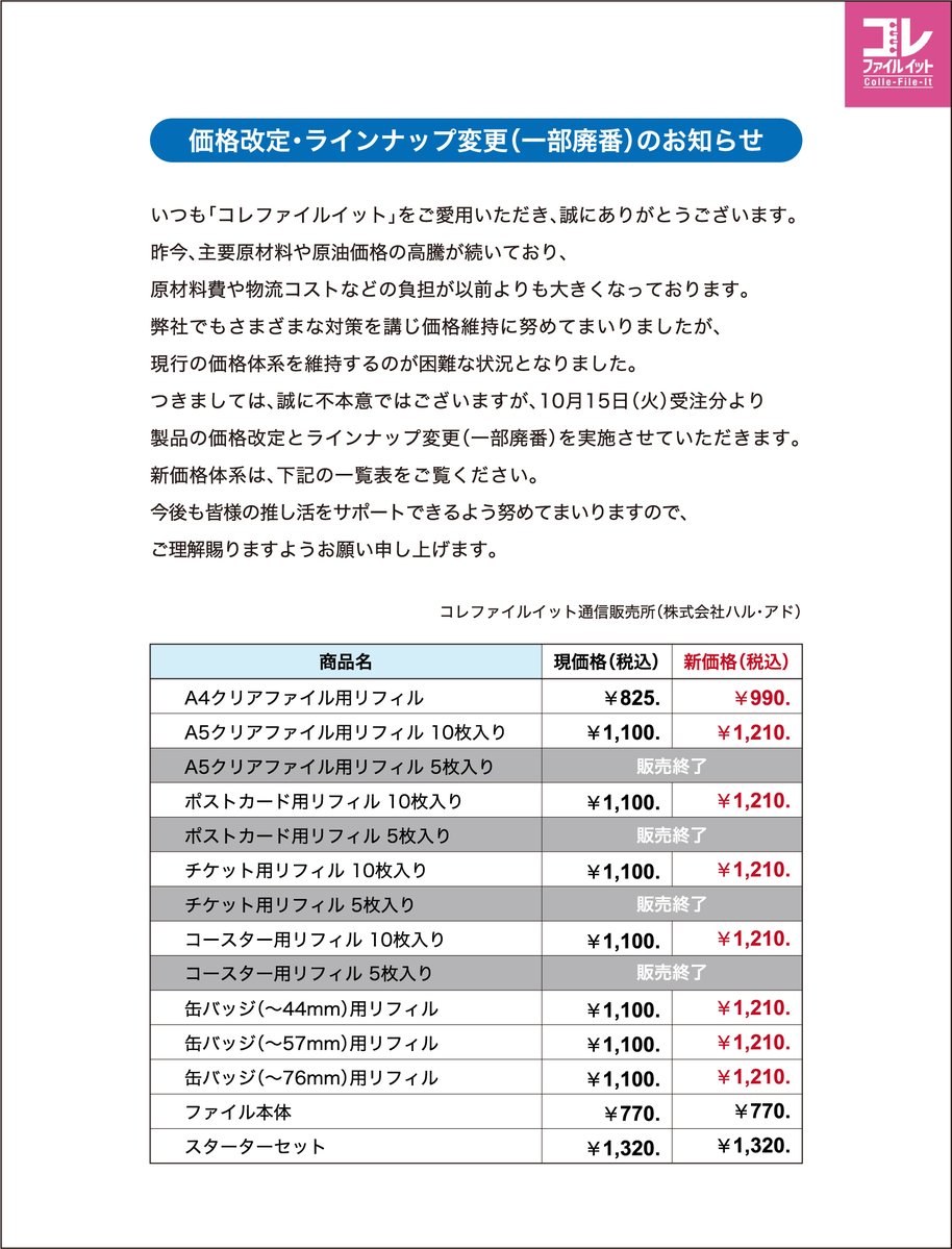 【価格改定・ラインナップ変更（一部廃番）のお知らせ】

いつも「コレファイルイット」をご愛用いただき、誠にありがとうございます。

2024年10月15日（火）より価格改定を行う運びとなりました。 
詳細は添付画像をご覧ください。