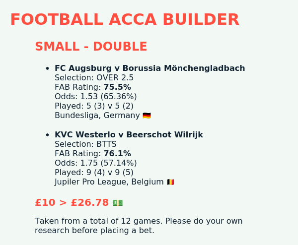 FAB_AccaBuilder's tweet photo. ⚽ Friday. small. Double.  £10 > £26.78 💵. 🇩🇪🇧🇪 https://t.co/3B06VOBBPq
