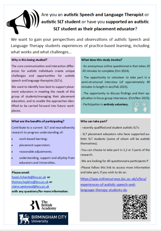 ✨New research study✨
Are you:
-an autistic SLT or autistic SLT student 
- or have you supported autistic SLT students as a placement educator?

Please consider completing our questionnaire! More info below #MySLTDay #MyStudentSLTDay

app.onlinesurveys.jisc.ac.uk/s/bcu/experien…