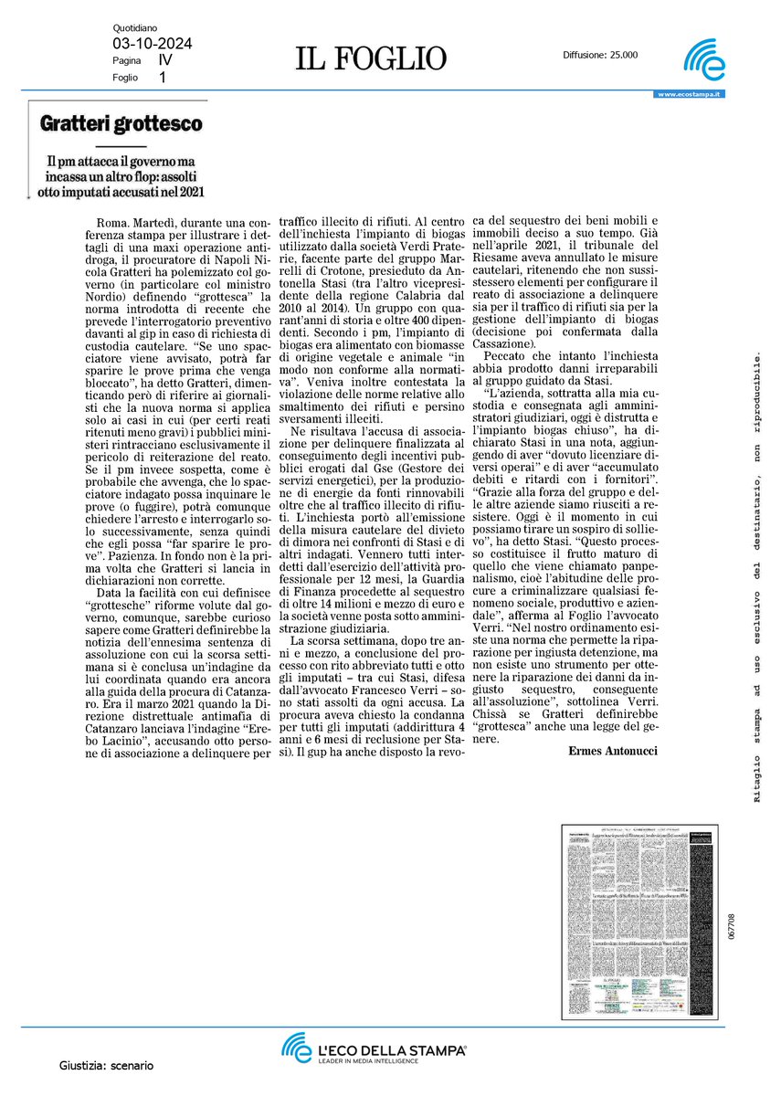 gdcaiazza's tweet photo. Nel 2021 una inchiesta del Procuratore Nicola #Gratteri pone fine all’attività di una azienda con 40 anni di attività e 400 dipendenti. Associazione per delinquere, frode in danno dello Stato, gestione illecita dei rifiuti, otto imputati, bim bum bam. Pochi giorni fa tutti assolti, ma l’azienda è distrutta, ovviamente, dopo tre anni di amministrazione giudiziaria. Tanta gente licenziata e da licenziare. Il nostro famoso “giornalismo di inchiesta” si occupa di ogni altro potere che non sia quello giudiziario, naturalmente. Meno che mai se ha il volto e la firma di Nicola Gratteri. Tutti zitti. Una delle poche eccezioni è Ermes #Antonucci sul #Foglio. Leggete, per favore, questa ennesima storia di malagiustizia, e chiedetevi perché non osa parlarne nessuno.
