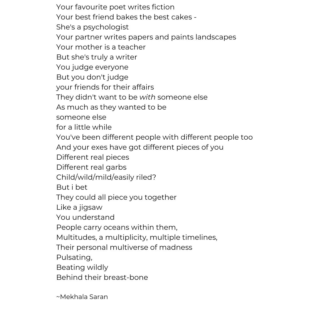 mekhala_saran's tweet image. BECAUSE some friends have encouraged me to DO SOMETHING with my poems, I'm sharing four of them via this #poetrythread. I'm v nervous about this, so pls consider interacting with this thread and letting me know what you think.

Poem 1 is untitled (title suggestions are welcome)