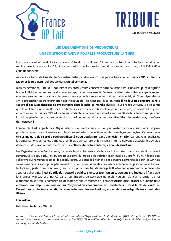 📢Tribune de Loïc ADAM, président de France OP Lait ⤵️