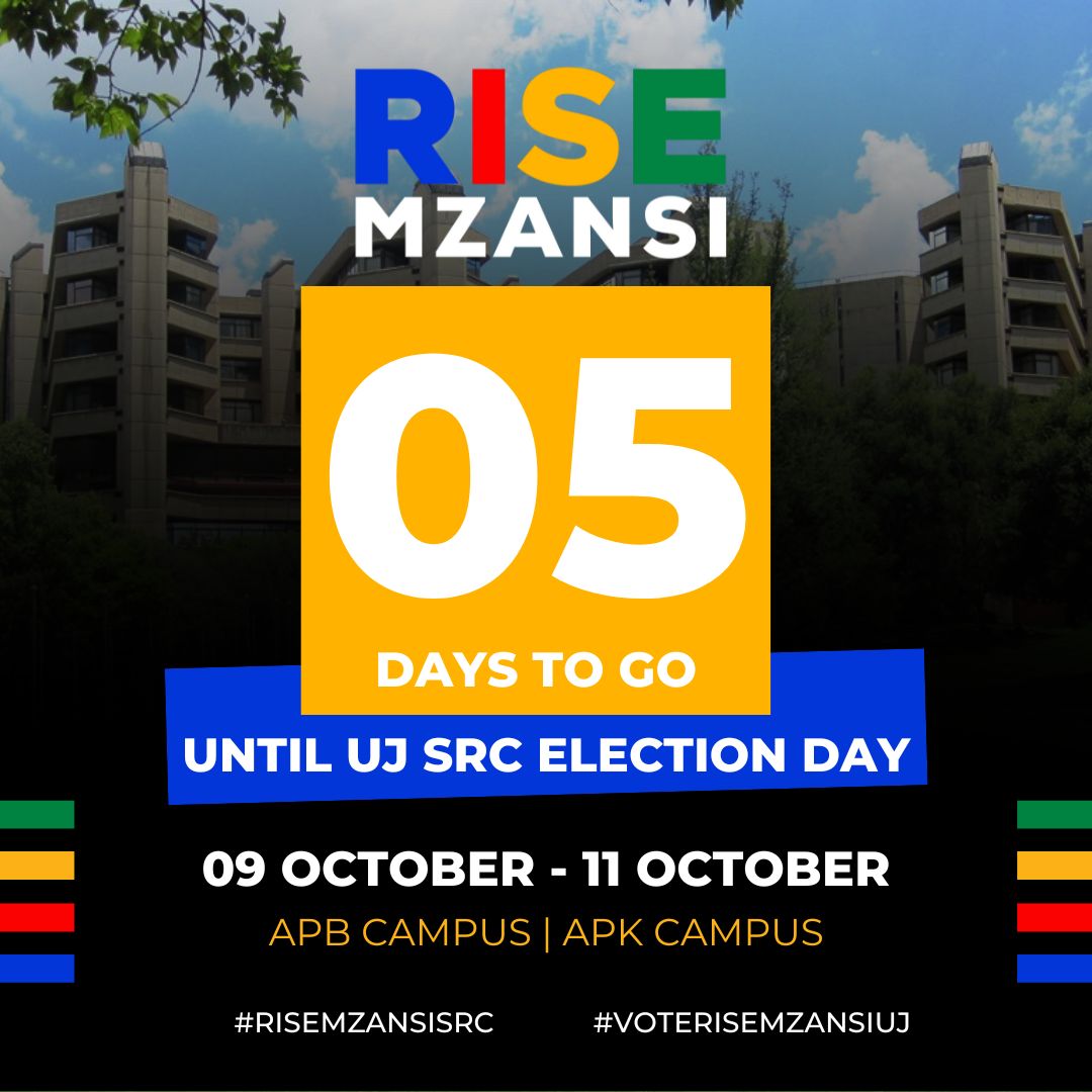 RiseMzansiYouth's tweet photo. UJ students, we are just five days away from making history by electing new SRC leaders who are committed to you.
A vote for @risemzansi_uj is a vote for leadership that delivers.
#RiseMzansiSRC #RiseMzansiUJ #UJSRC #VoteRiseMzansiUJ https://t.co/HeifpNVYwu