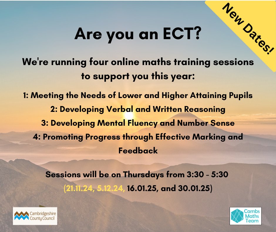 Cambs SIS Team (@cambs_sis) on Twitter photo *KS1 & KS2 ECTs!*
We've postponed the first two sessions to allow more people to attend. Book here in the maths tab: cambridge.council.bookingbug.com/home/w2489610
For more info, see our brochure: cambslearntogether.co.uk/.../Cambridges…... £50 per person/per session for Cambs LA schools and £60 per person for others. *KS1 & KS2 ECTs!*
We've postponed the first two sessions to allow more people to attend. Book here in the maths tab: cambridge.council.bookingbug.com/home/w2489610
For more info, see our brochure: cambslearntogether.co.uk/.../Cambridges…... £50 per person/per session for Cambs LA schools and £60 per person for others.