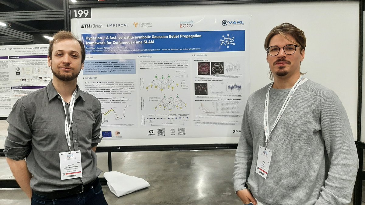 alzugarayign's tweet image. We are presenting Hyperion at #ECCV2024 TODAY! Come by the poster 199. Continuous-time SLAM + Guassian Belief Propagation, with applications to multi-agents. A collaboration with David Hug and @MargaritaChli. High performance code open sourced github.com/VIS4ROB-lab/hy…