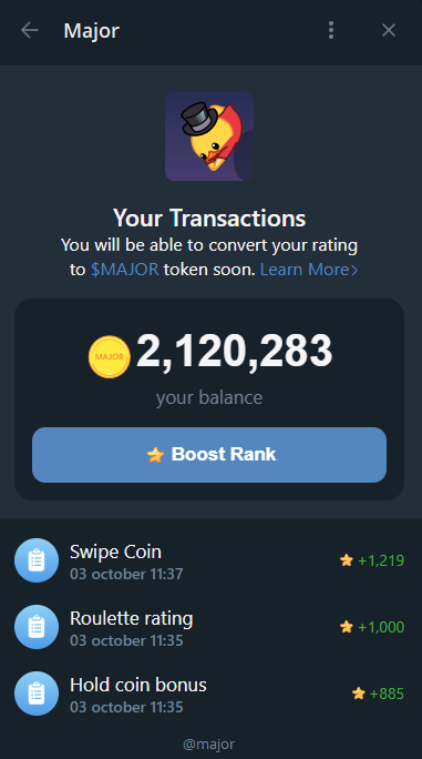 What's the airdrop ratio for Major based on points? 🤔 I'm really curious to know how much $Major I could get with 2,100,000 points! 😄