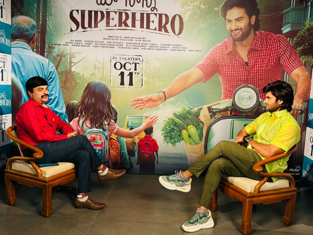 UrsVamsiShekar's tweet photo. Nava Dhalapathy @isudheerbabu interecats with web channels 
@telugufilmnagar, @Theteluguone, #HITTV and @M9News about his upcoming film #MaaNannaSuperhero. 🤩

Full interviews out soon 💥

In cinemas From October 11th 💫
#MNSHTrailer out tomorrow ❤‍🔥
@SayajiShinde #SaiChand @abhilashkankara @sunilbalusu1981 @actorshashank @mahesh_films @jaymkrish @chandurdc @vcelluloidsoffl @cam_entmnts @adityamusic @UV_Creations @shreyasgroup