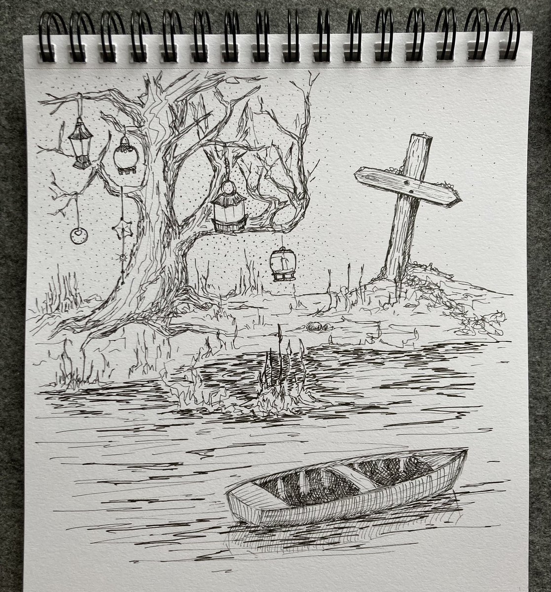 eva_the_wolf's tweet photo. Bonus pic between inktober days. 
I started with a lantern, it required a branch to hang on, the branch need a tree and other lanterns, the grass among the roots somehow belonged to a graveyard, together they needed some dark water, which goes perfectly with an abandoned boat. https://t.co/6Sphx6WOys