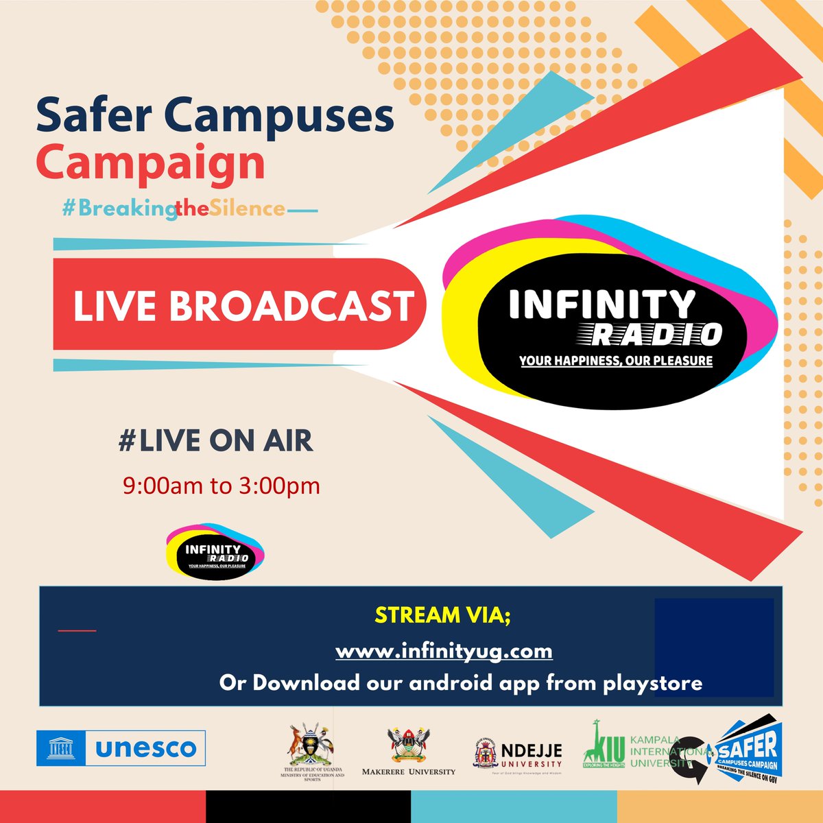 tusiimemiika's tweet image. LIVE ON AIR @Infinityradioug

The Official Launch of SAFER CAMPUSES CAMPAIGN happening now at @Makerere tune in via infinityug.com
We&apos;re #BreakingtheSilence #UNESCOROSA #yptcampaign #safercampusescampaign @yptcampaign
