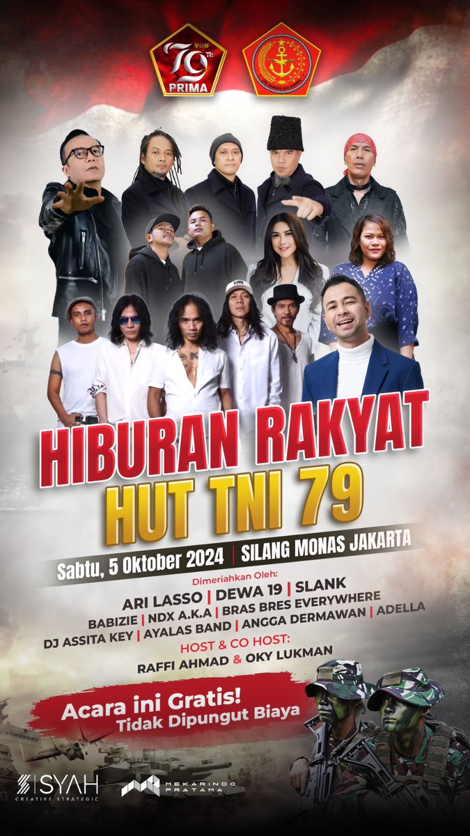 slankdotcom's tweet photo. Sampai ketemu BESOK SIANG di Hiburan Rakyat HUT TNI 79.
Sabtu, 5 Oktober 2024 di Silang Monas Jakarta!
Slank perform jam 11.30 WIB
Ayo bersiap merapat karena acara ini GRATIS!!!
#Slank #JadwalSlank #HUTTNI79 https://t.co/pbt6X5YTmq